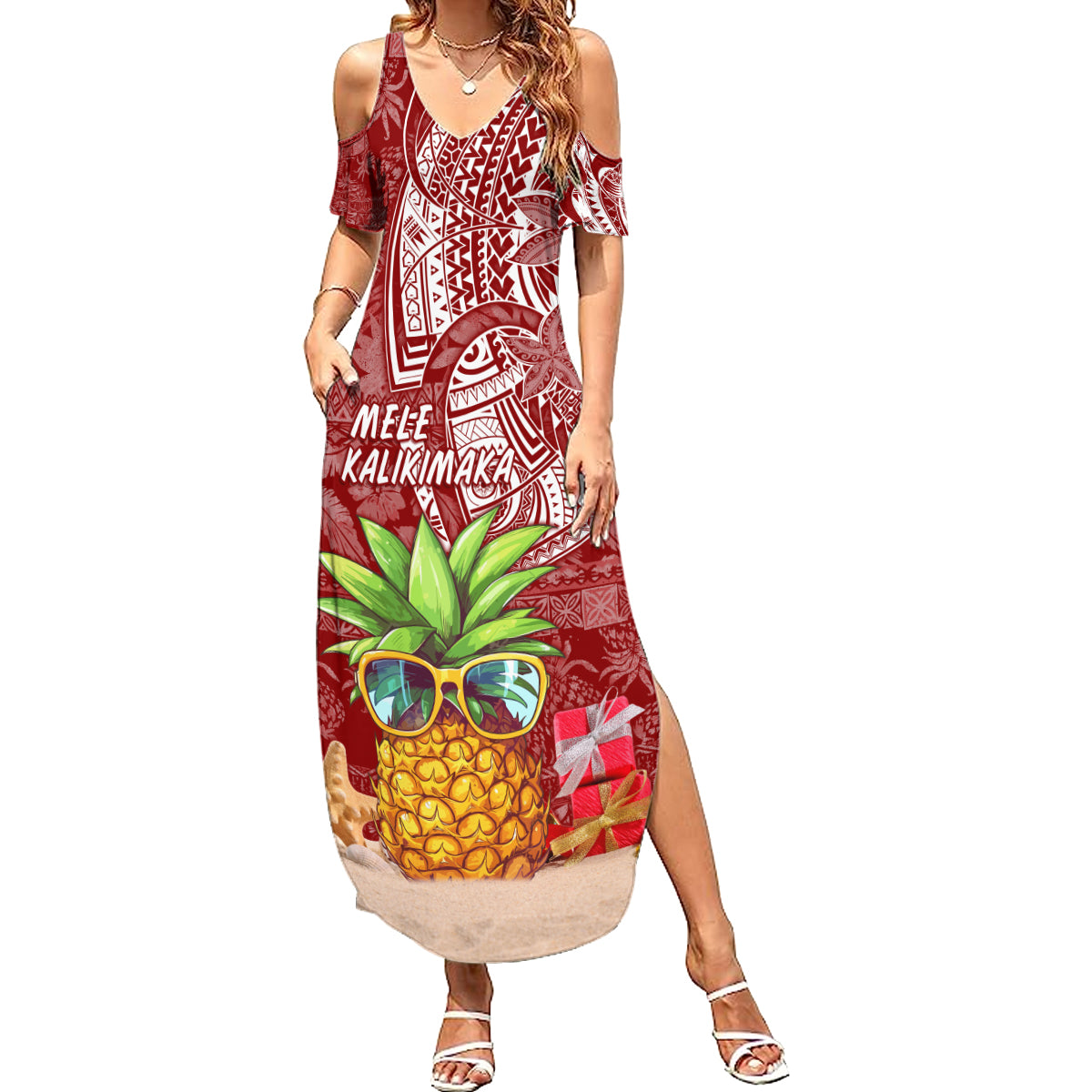 Mele Kalikimaka Hawaii Christmas Family Matching Summer Maxi Dress and Hawaiian Shirt Pineapple Party LT7 Mom's Dress Red - Polynesian Pride