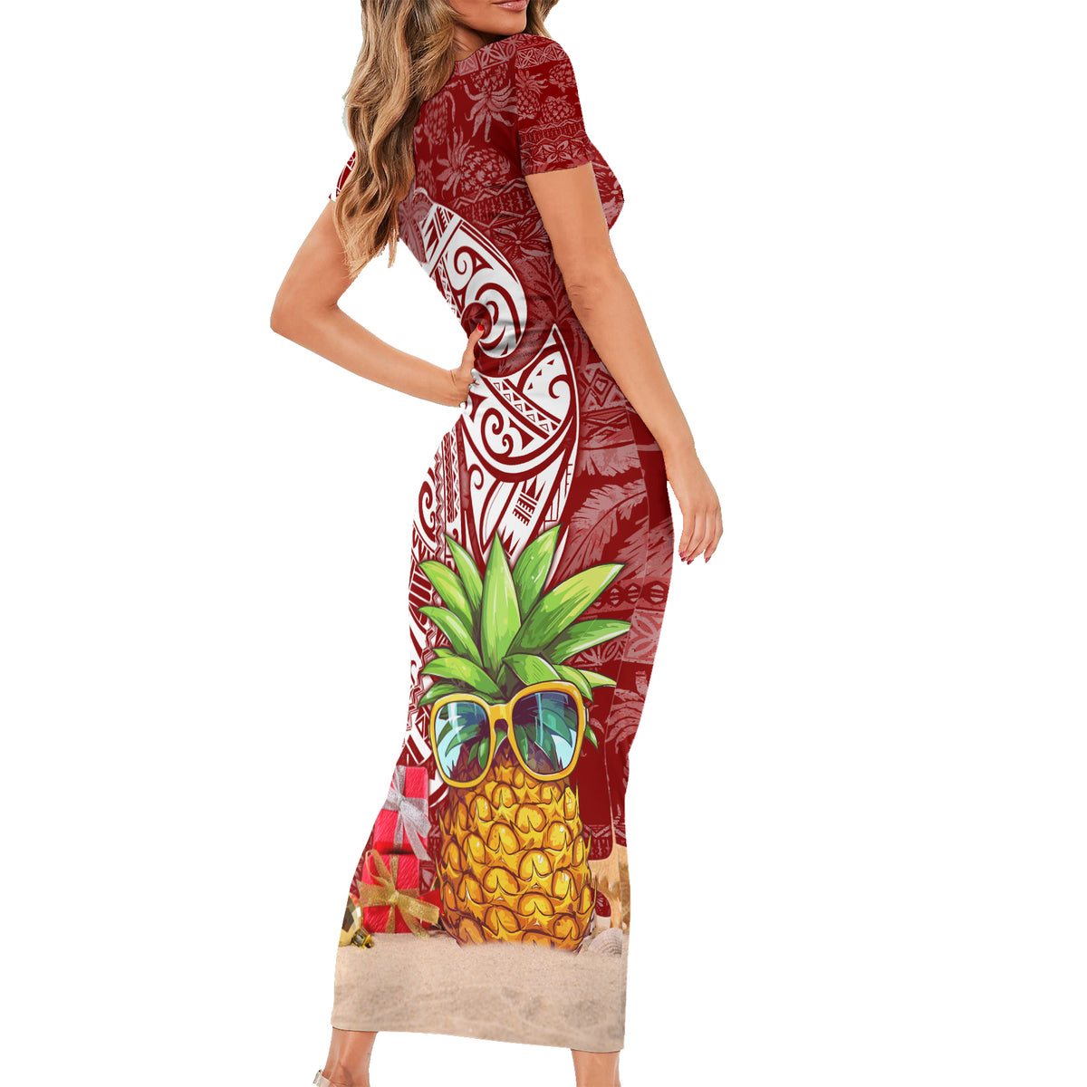 Mele Kalikimaka Hawaii Christmas Short Sleeve Bodycon Dress Pineapple Party LT7 - Polynesian Pride