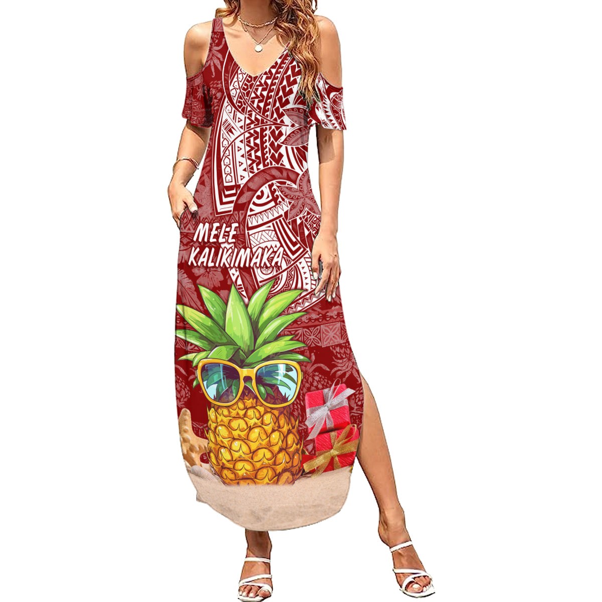 Mele Kalikimaka Hawaii Christmas Summer Maxi Dress Pineapple Party LT7 Women Red - Polynesian Pride