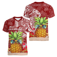 Mele Kalikimaka Hawaii Christmas Women V Neck T Shirt Pineapple Party LT7 - Polynesian Pride