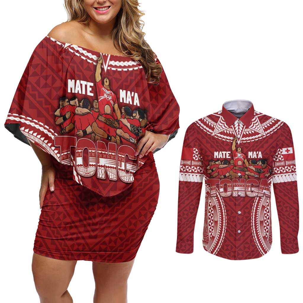 Personalized Mate Maa Tonga Rugby Couples Matching Off Shoulder Short Dress and Long Sleeve Button Shirt Ofa Atu Tonga