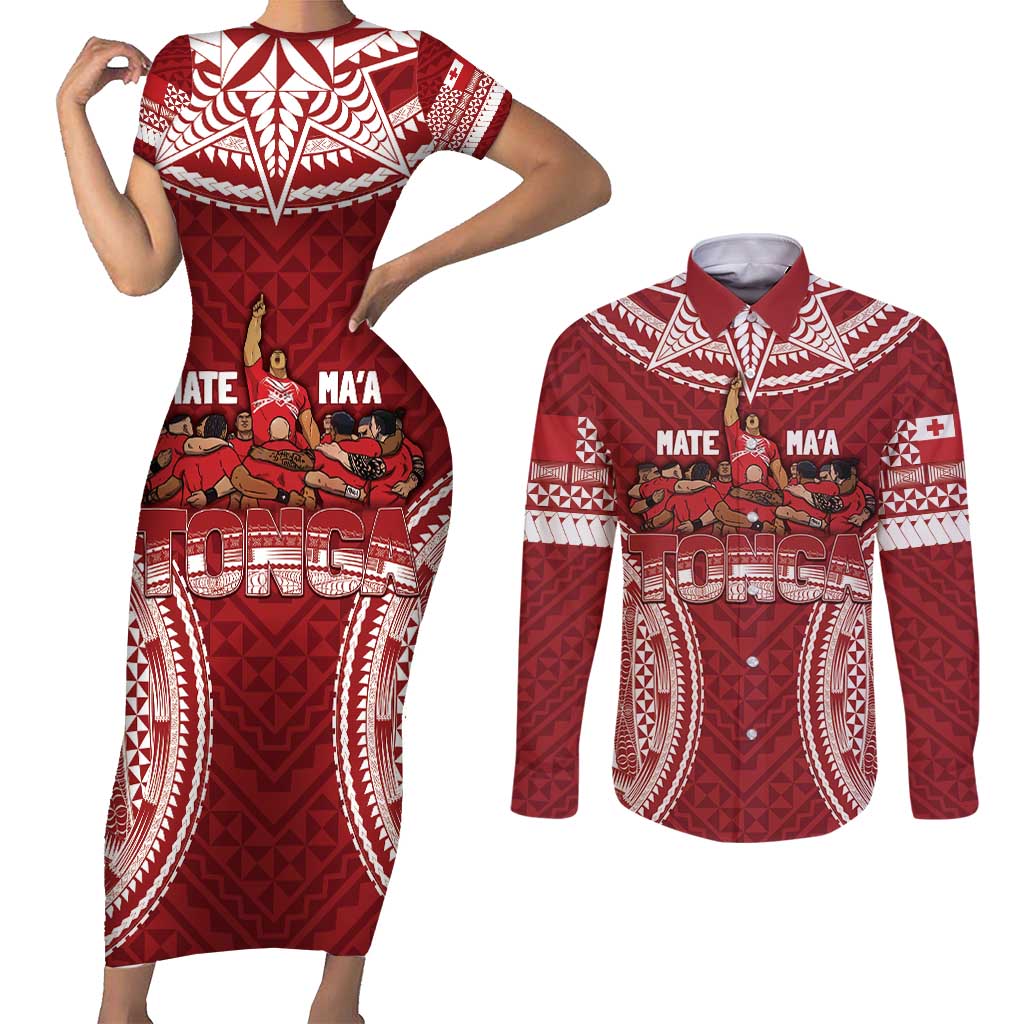 Personalized Mate Maa Tonga Rugby Couples Matching Short Sleeve Bodycon Dress and Long Sleeve Button Shirt Ofa Atu Tonga