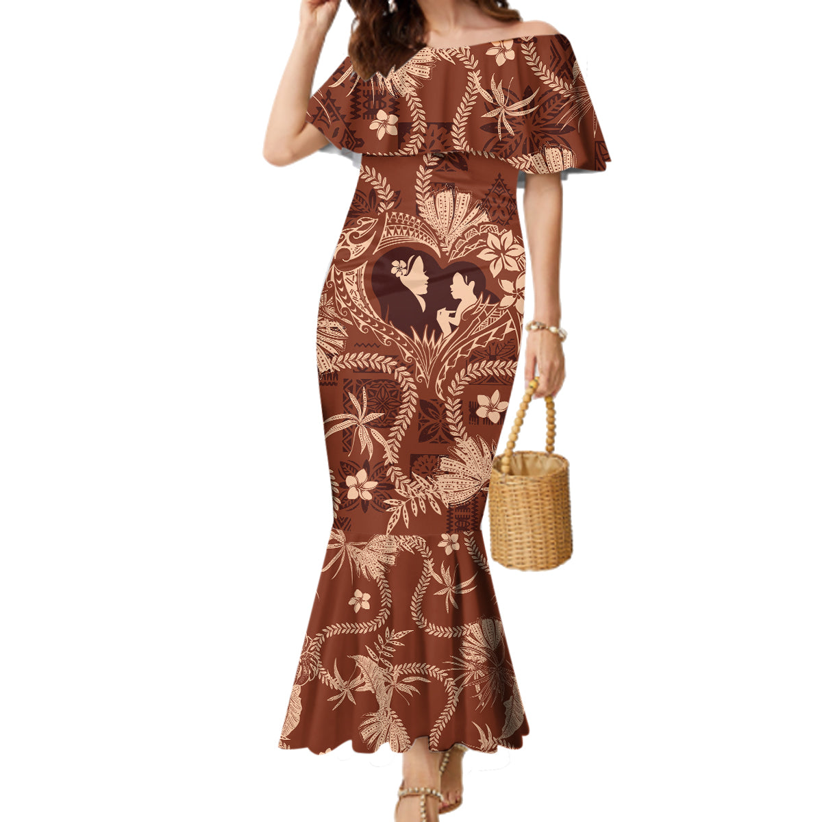 Hawaii Plumeria Family Matching Mermaid Dress and Hawaiian Shirt Hau'oli la Makuahine Sunburned LT7 Mom's Dress Brown - Polynesian Pride