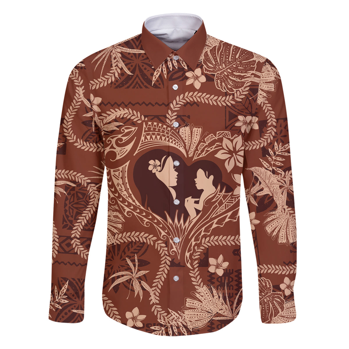 Hawaii Plumeria Family Matching Off The Shoulder Long Sleeve Dress and Hawaiian Shirt Hau'oli la Makuahine Sunburned LT7 Dad's Shirt - Long Sleeve Brown - Polynesian Pride