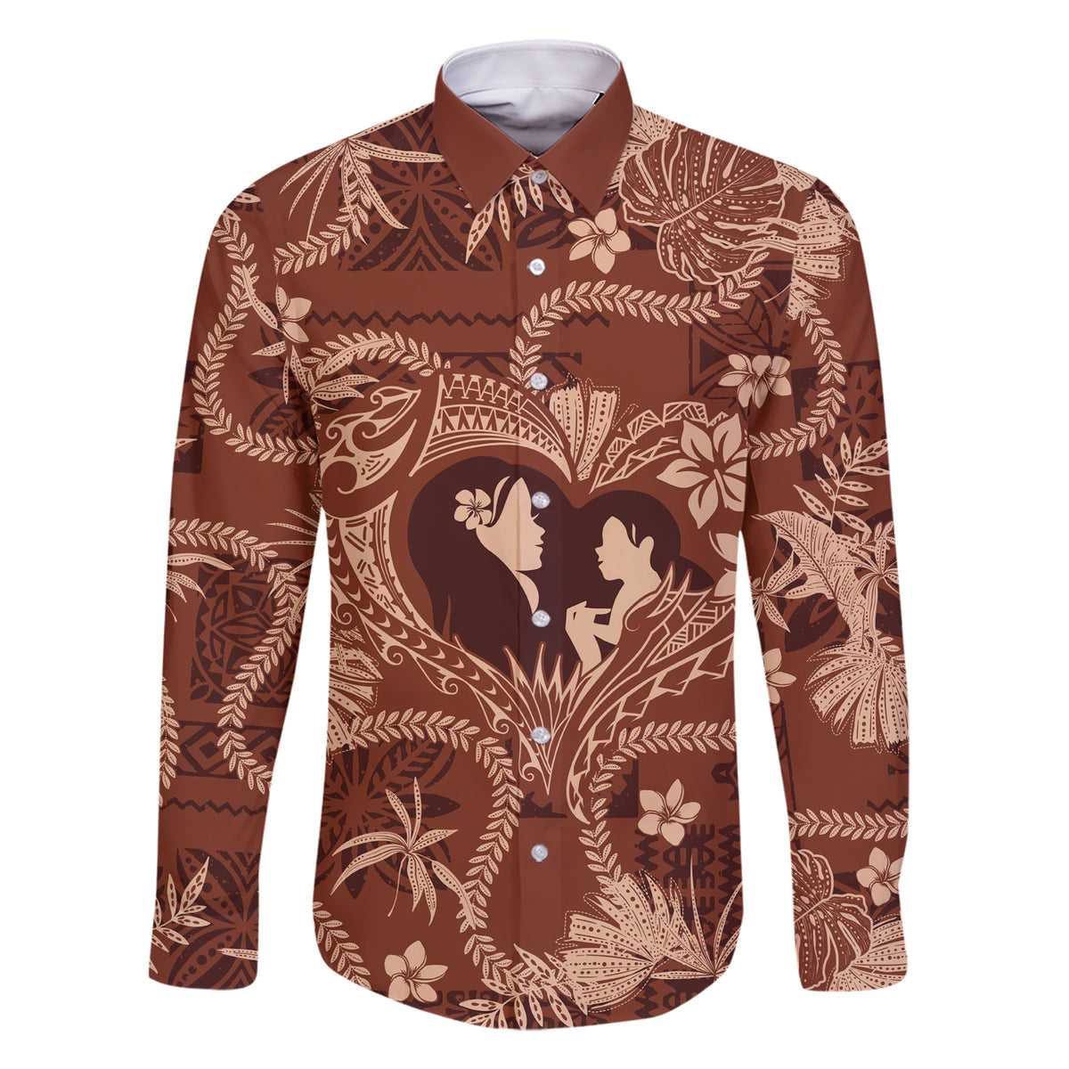 Hawaii Plumeria Family Matching Short Sleeve Bodycon Dress and Hawaiian Shirt Hau'oli la Makuahine Sunburned LT7 Dad's Shirt - Long Sleeve Brown - Polynesian Pride