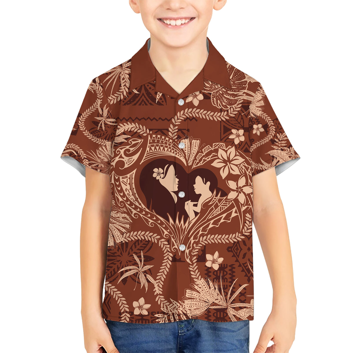 Hawaii Plumeria Family Matching Short Sleeve Bodycon Dress and Hawaiian Shirt Hau'oli la Makuahine Sunburned LT7 Son's Shirt Brown - Polynesian Pride