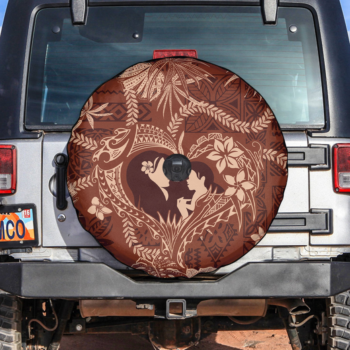 Hawaii Plumeria Spare Tire Cover Hau'oli la Makuahine Sunburned LT7 Brown - Polynesian Pride