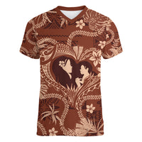 Hawaii Plumeria Women V Neck T Shirt Hau'oli la Makuahine Sunburned LT7 Female Brown - Polynesian Pride