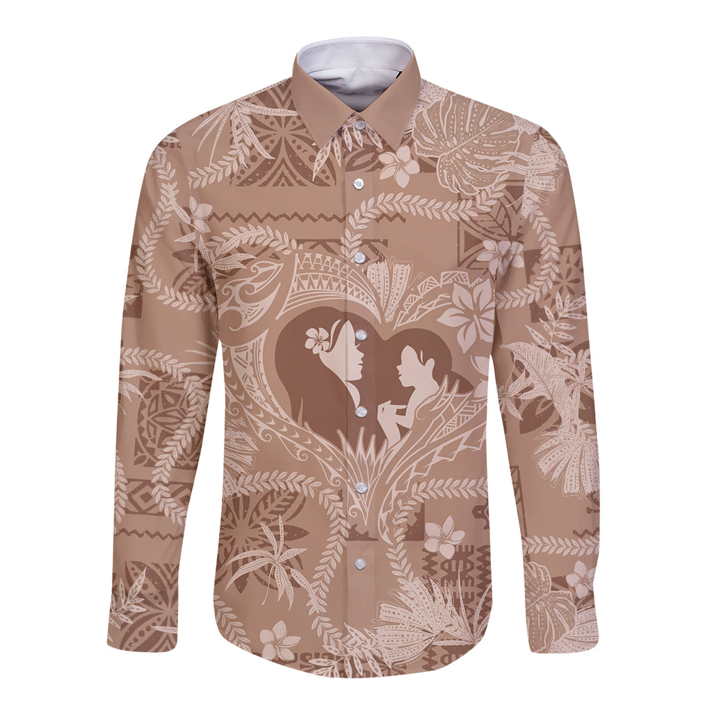Hawaii Plumeria Long Sleeve Button Shirt Hau'oli la Makuahine Beige LT7 Unisex Beige - Polynesian Pride