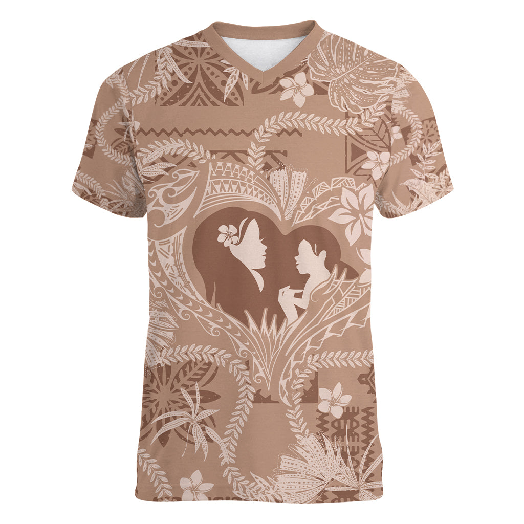 Hawaii Plumeria Women V Neck T Shirt Hau'oli la Makuahine Beige LT7 Female Beige - Polynesian Pride