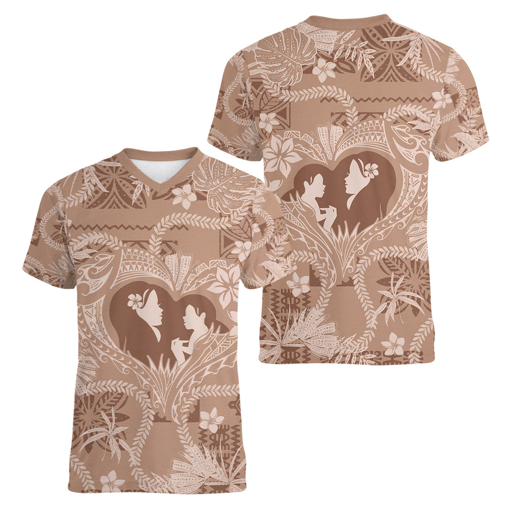 Hawaii Plumeria Women V Neck T Shirt Hau'oli la Makuahine Beige LT7 - Polynesian Pride
