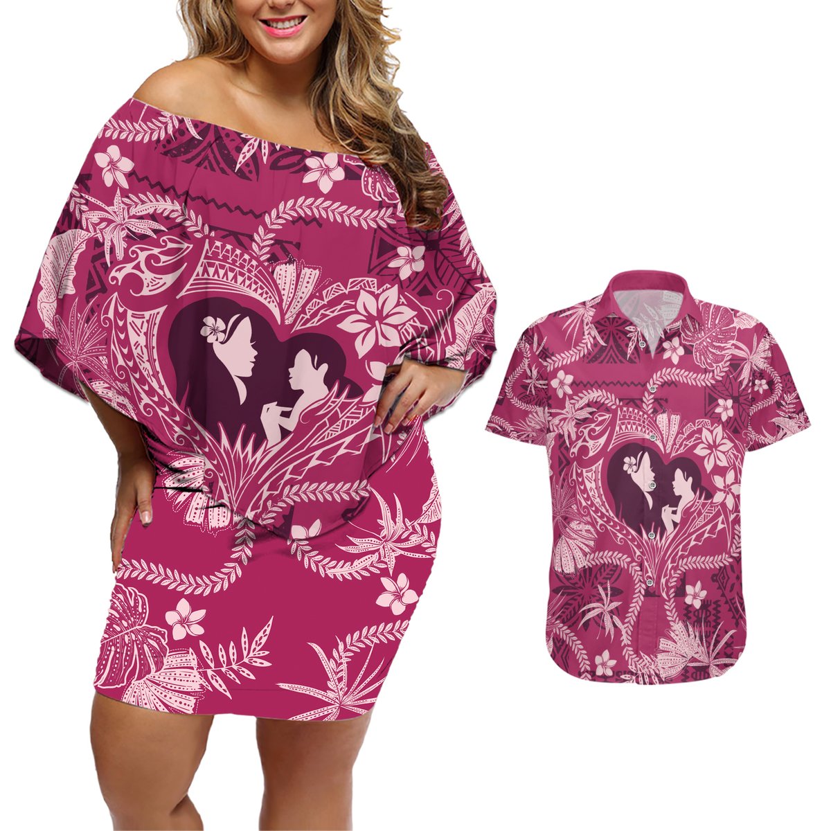 Hawaii Plumeria Couples Matching Off Shoulder Short Dress and Hawaiian Shirt Hau'oli la Makuahine Rosy LT7 Pink - Polynesian Pride