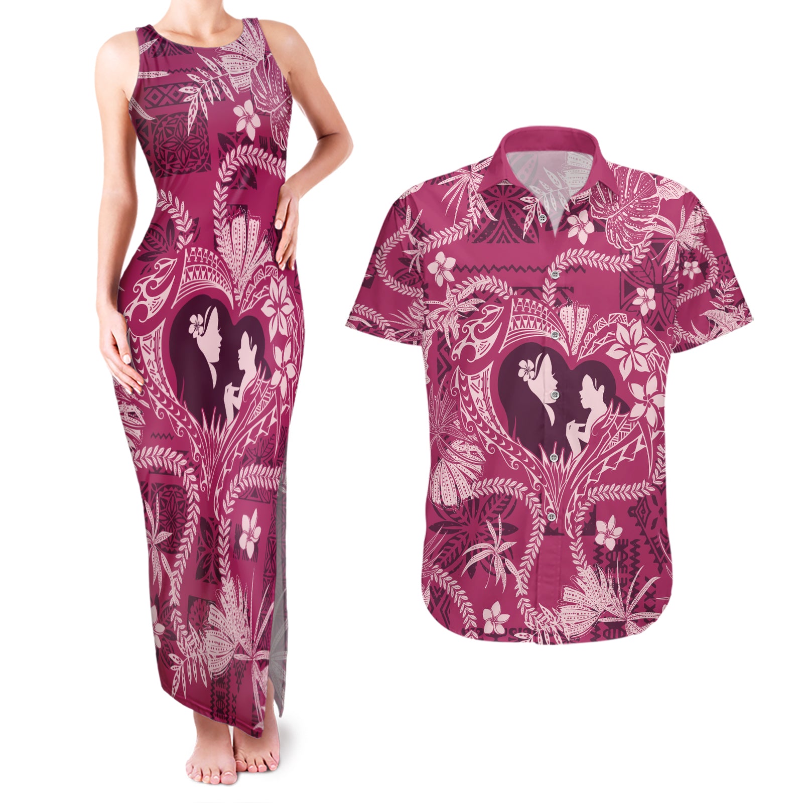 Hawaii Plumeria Couples Matching Tank Maxi Dress and Hawaiian Shirt Hau'oli la Makuahine Rosy LT7 Pink - Polynesian Pride