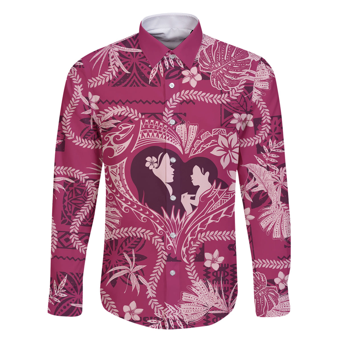 Hawaii Plumeria Family Matching Long Sleeve Bodycon Dress and Hawaiian Shirt Hau'oli la Makuahine Rosy LT7 Dad's Shirt - Long Sleeve Pink - Polynesian Pride