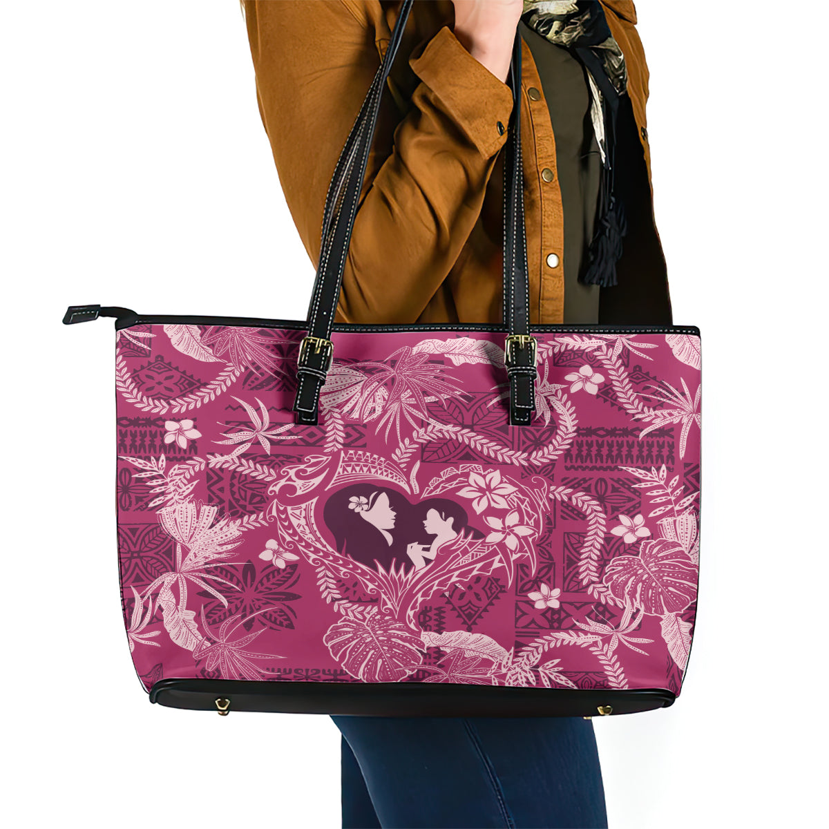 Hawaii Plumeria Leather Tote Bag Hau'oli la Makuahine Rosy LT7 - Polynesian Pride