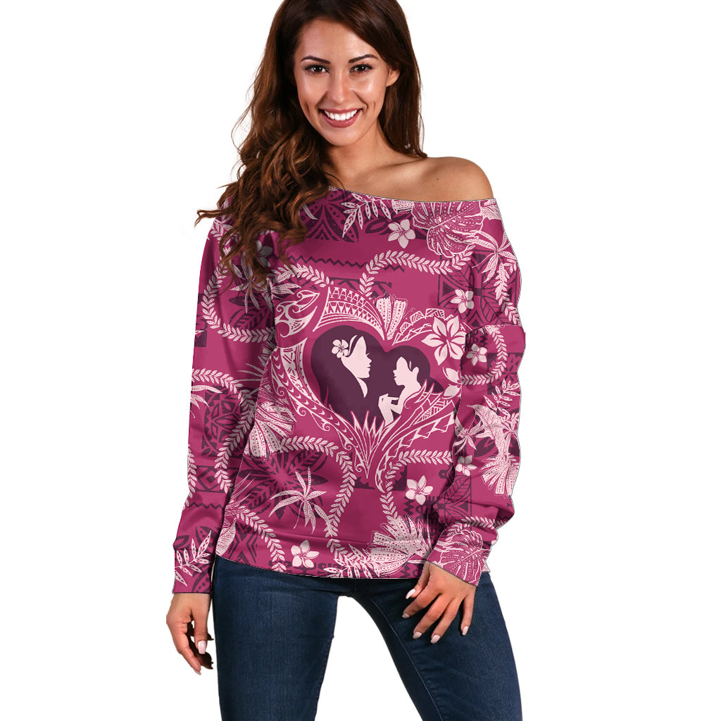 Hawaii Plumeria Off Shoulder Sweater Hau'oli la Makuahine Rosy LT7 Women Pink - Polynesian Pride