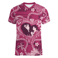 Hawaii Plumeria Women V Neck T Shirt Hau'oli la Makuahine Rosy LT7 Female Pink - Polynesian Pride