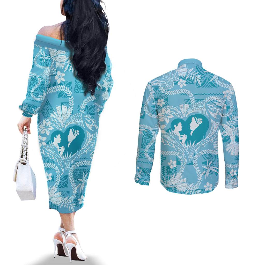 Hawaii Plumeria Couples Matching Off The Shoulder Long Sleeve Dress and Long Sleeve Button Shirt Hau'oli la Makuahine Turquoise LT7 - Polynesian Pride
