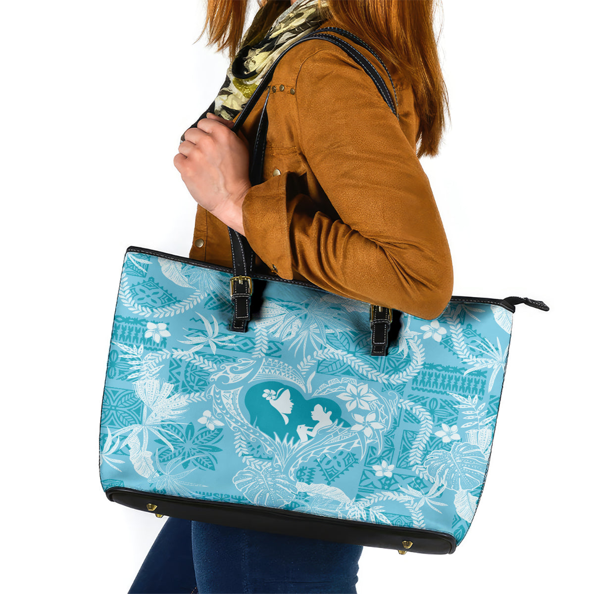 Hawaii Plumeria Leather Tote Bag Hau'oli la Makuahine Turquoise LT7 Turquoise - Polynesian Pride