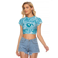 Hawaii Plumeria Raglan Cropped T Shirt Hau'oli la Makuahine Turquoise LT7 Female Turquoise - Polynesian Pride