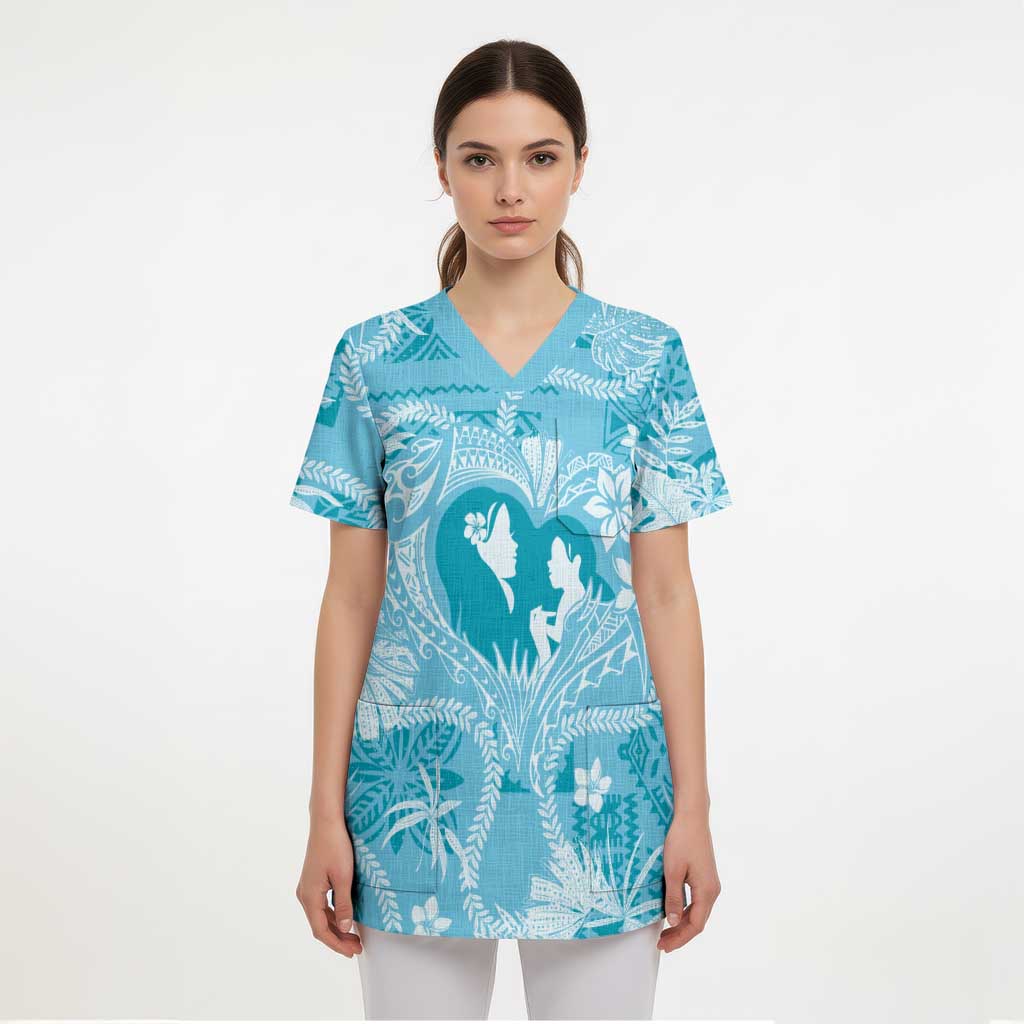 Hawaii Plumeria Scrub Top Hau'oli la Makuahine Turquoise - Polynesian Pride