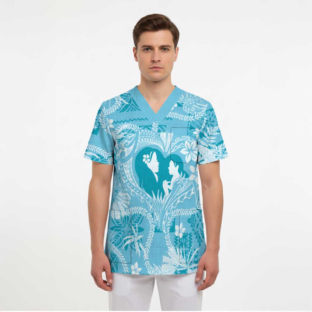 Hawaii Plumeria Scrub Top Hau'oli la Makuahine Turquoise - Polynesian Pride