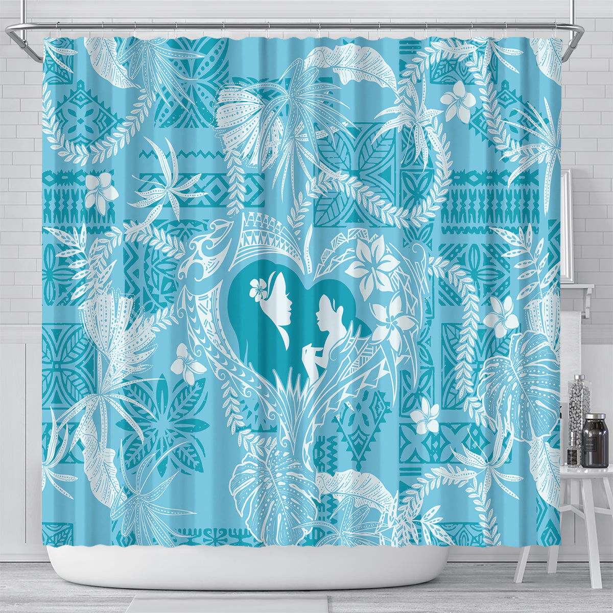 Hawaii Plumeria Shower Curtain Hau'oli la Makuahine Turquoise LT7 - Polynesian Pride