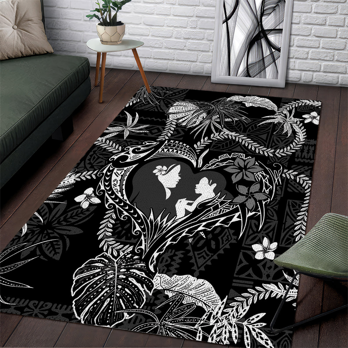 Hawaii Plumeria Area Rug Hau'oli la Makuahine Monochrome LT7 Black - Polynesian Pride