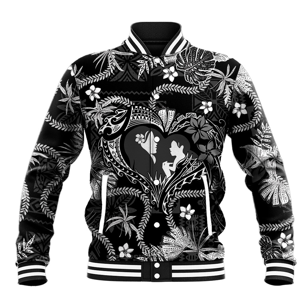 Hawaii Plumeria Baseball Jacket Hau'oli la Makuahine Monochrome LT7 Unisex Black - Polynesian Pride