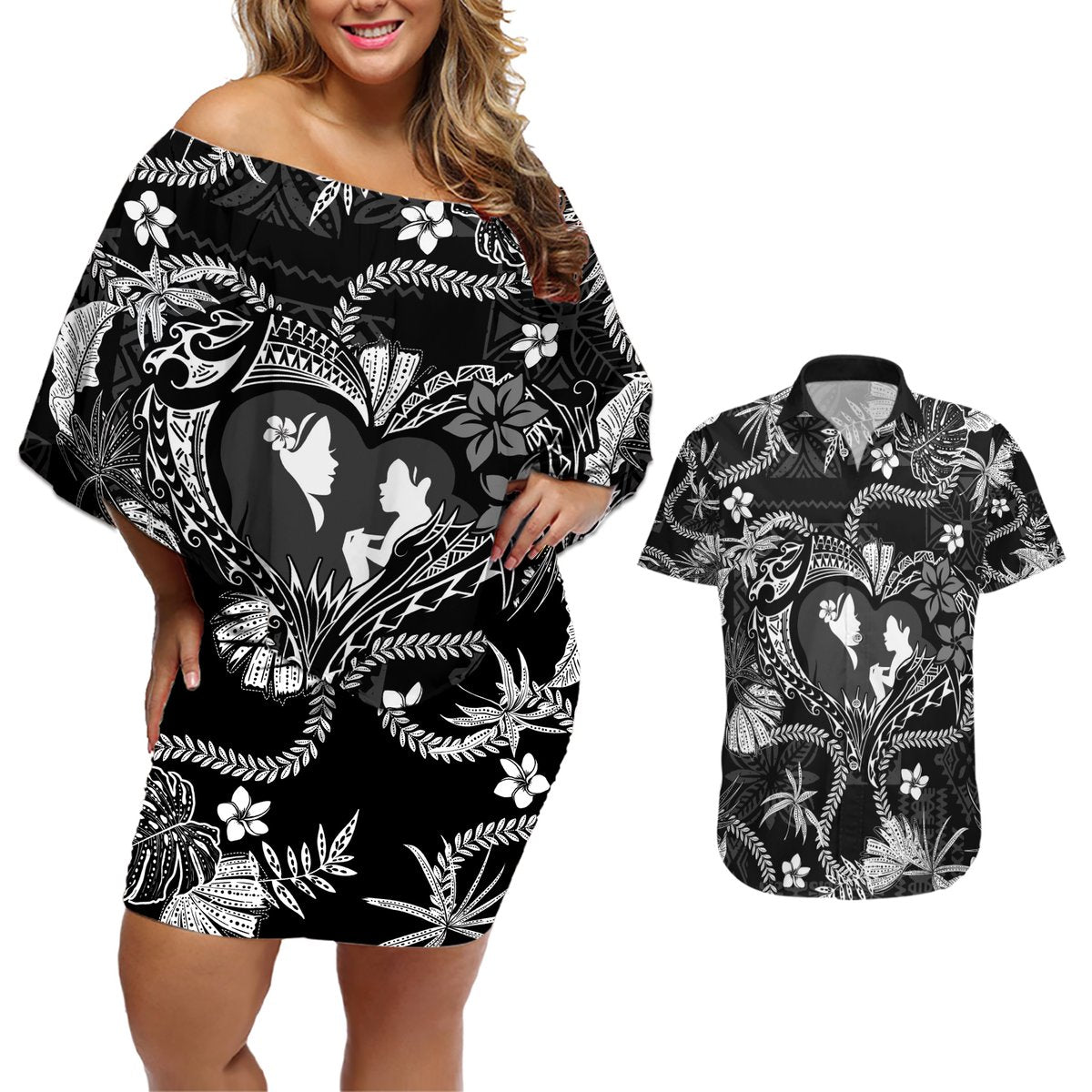 Hawaii Plumeria Couples Matching Off Shoulder Short Dress and Hawaiian Shirt Hau'oli la Makuahine Monochrome LT7 Black - Polynesian Pride
