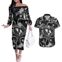 Hawaii Plumeria Couples Matching Off The Shoulder Long Sleeve Dress and Hawaiian Shirt Hau'oli la Makuahine Monochrome LT7 Black - Polynesian Pride