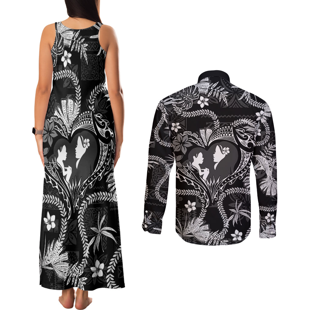 Hawaii Plumeria Couples Matching Tank Maxi Dress and Long Sleeve Button Shirt Hau'oli la Makuahine Monochrome LT7 - Polynesian Pride