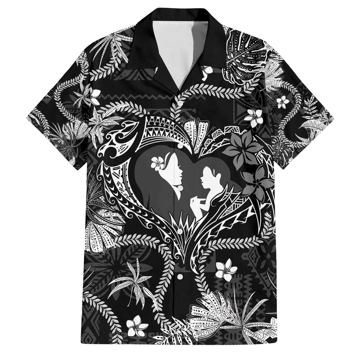 Hawaii Plumeria Family Matching Long Sleeve Bodycon Dress and Hawaiian Shirt Hau'oli la Makuahine Monochrome LT7 Dad's Shirt - Short Sleeve Black - Polynesian Pride