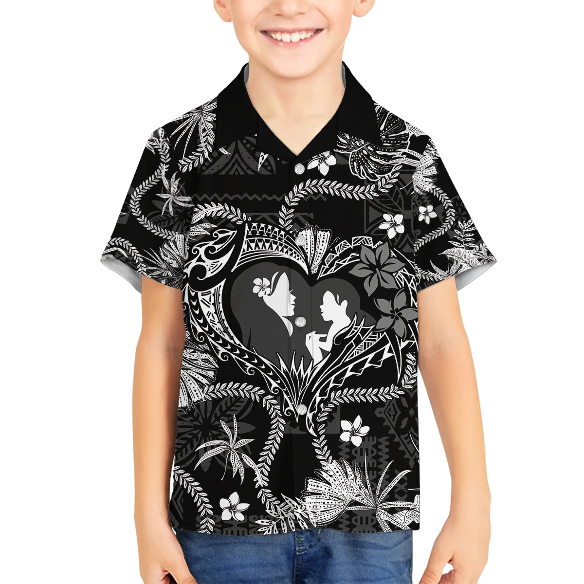 Hawaii Plumeria Family Matching Off Shoulder Short Dress and Hawaiian Shirt Hau'oli la Makuahine Monochrome LT7 Son's Shirt Black - Polynesian Pride