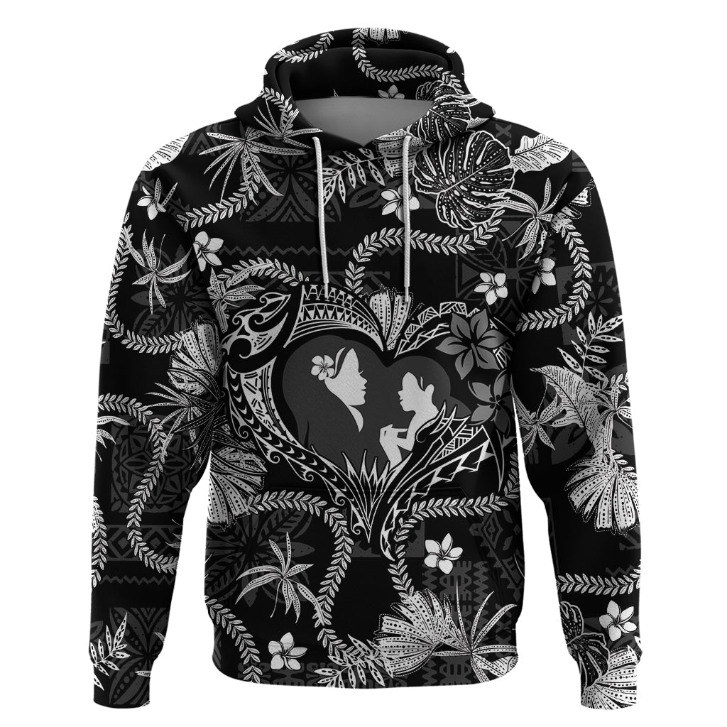 Hawaii Plumeria Hoodie Hau'oli la Makuahine Monochrome LT7 Pullover Hoodie Black - Polynesian Pride