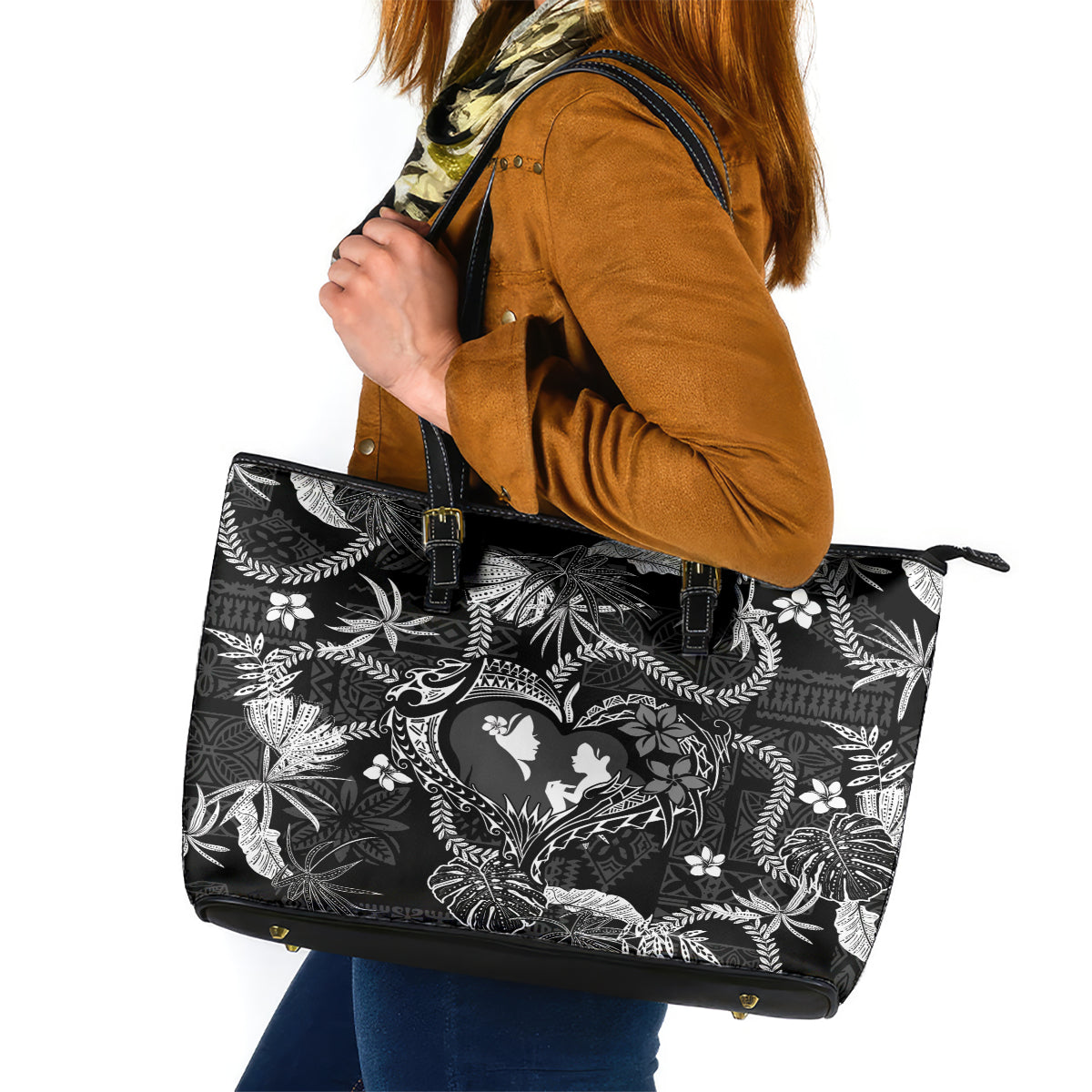 Hawaii Plumeria Leather Tote Bag Hau'oli la Makuahine Monochrome LT7 Black - Polynesian Pride