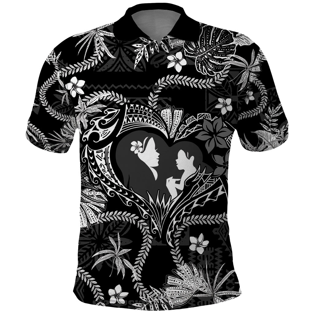 Hawaii Plumeria Polo Shirt Hau'oli la Makuahine Monochrome LT7 Black - Polynesian Pride