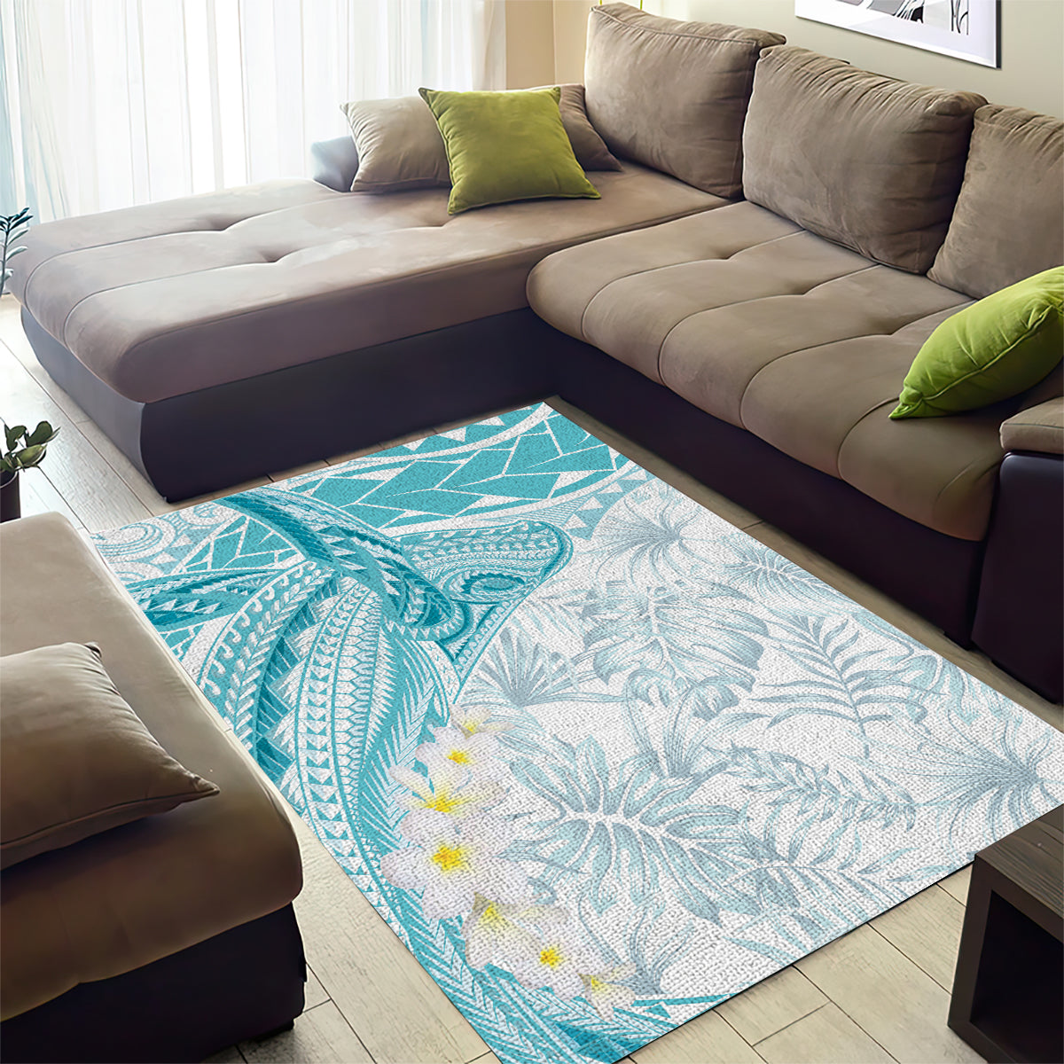 Polynesia Humpback Whale Area Rug Tropical Plumeria Turquoise