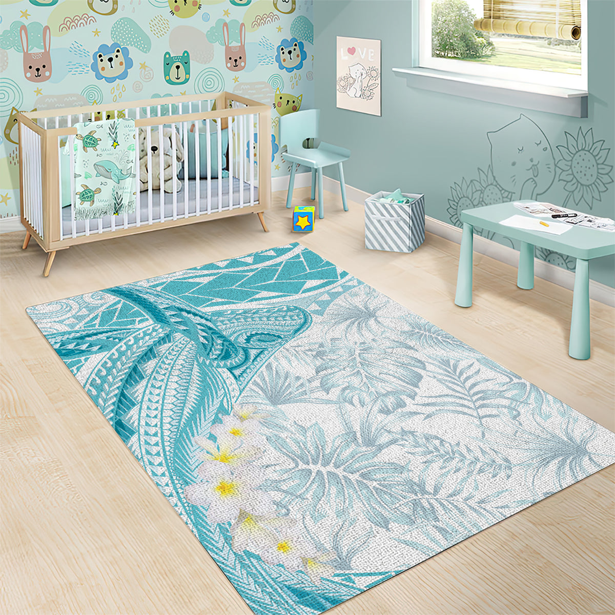 Polynesia Humpback Whale Area Rug Tropical Plumeria Turquoise