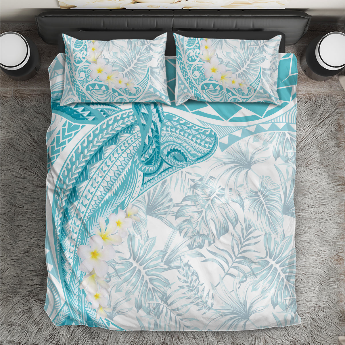 Polynesia Humpback Whale Bedding Set Tropical Plumeria Turquoise