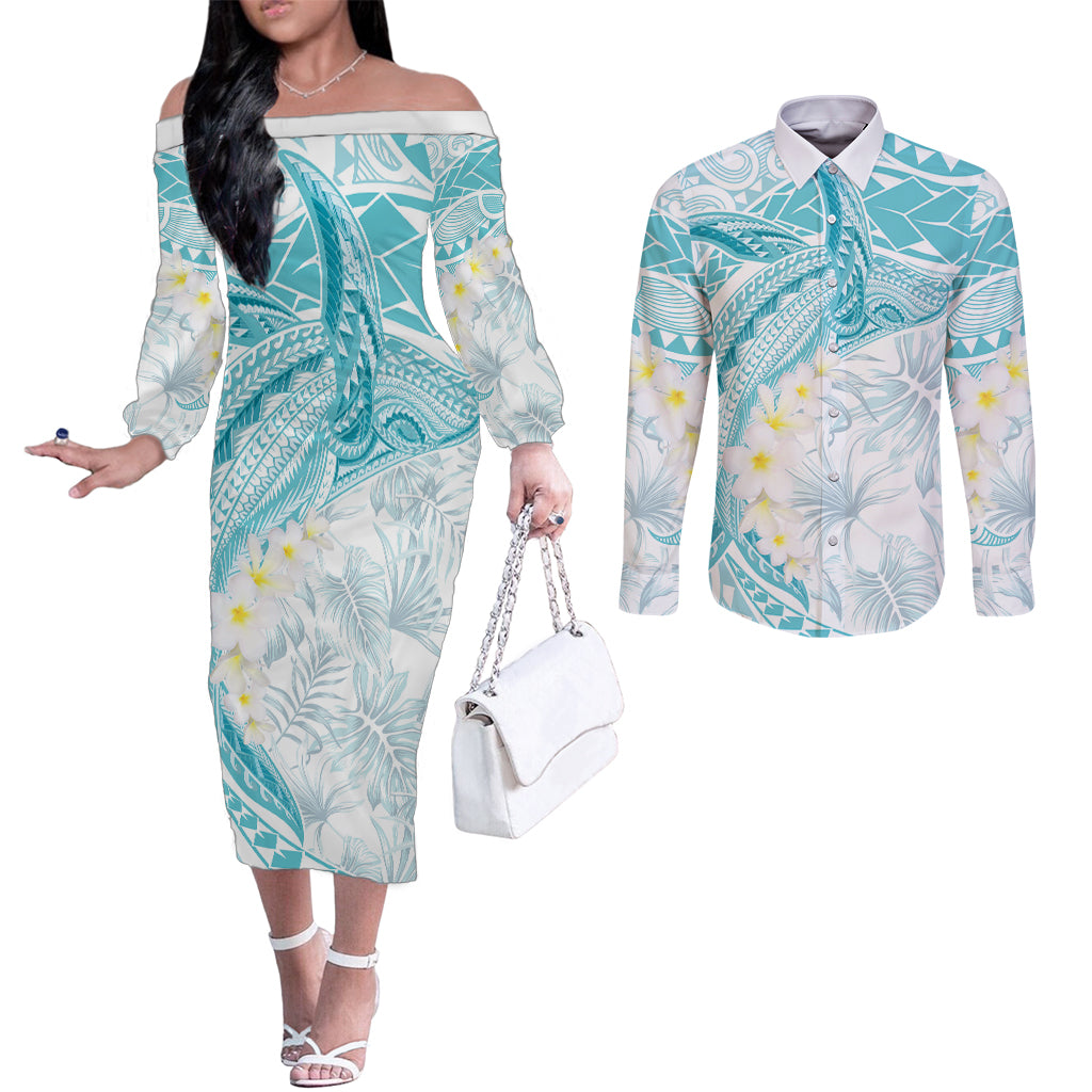 Polynesia Humpback Whale Couples Matching Off The Shoulder Long Sleeve Dress and Long Sleeve Button Shirt Tropical Plumeria Turquoise
