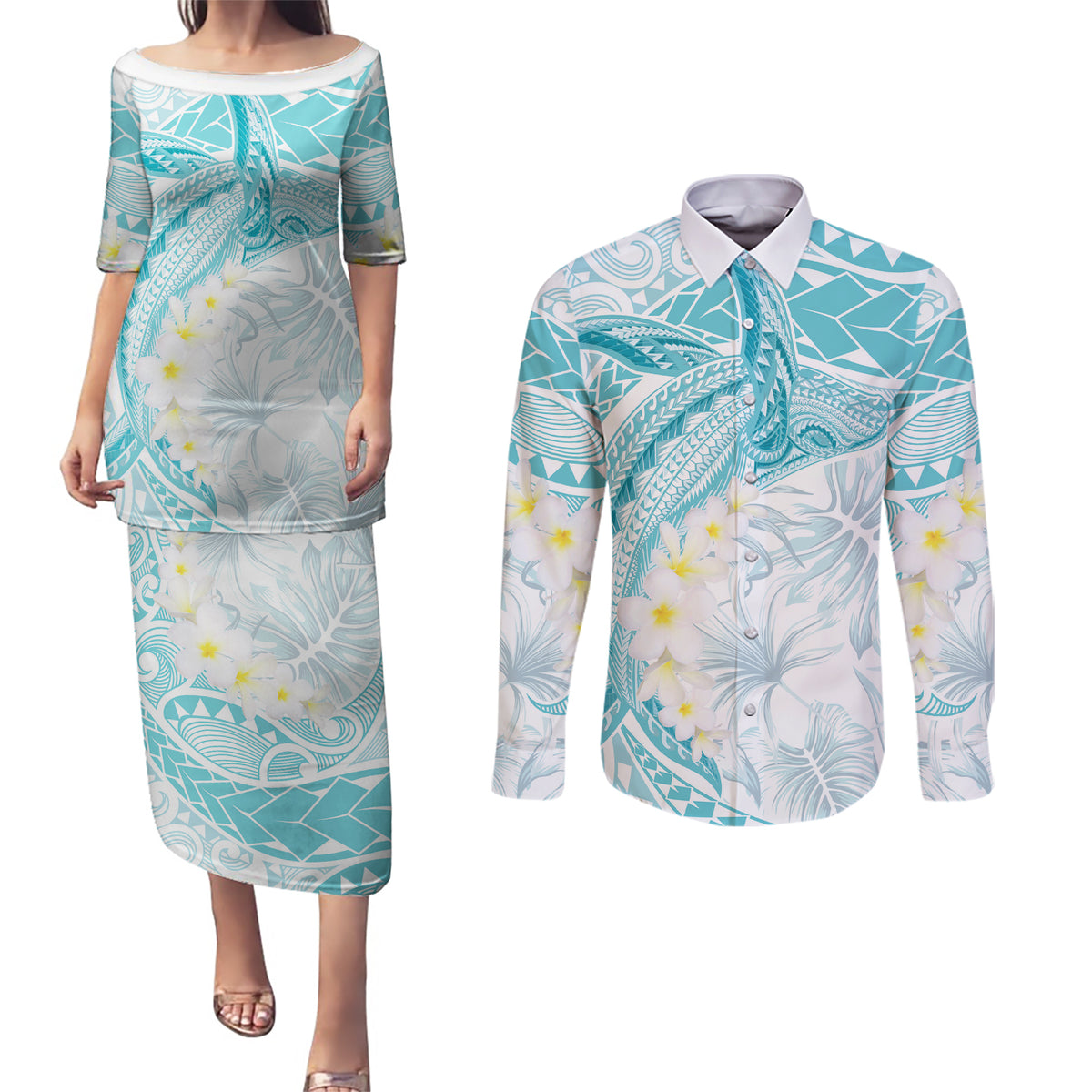 Polynesia Humpback Whale Couples Matching Puletasi and Long Sleeve Button Shirt Tropical Plumeria Turquoise