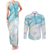 Polynesia Humpback Whale Couples Matching Tank Maxi Dress and Long Sleeve Button Shirt Tropical Plumeria Turquoise