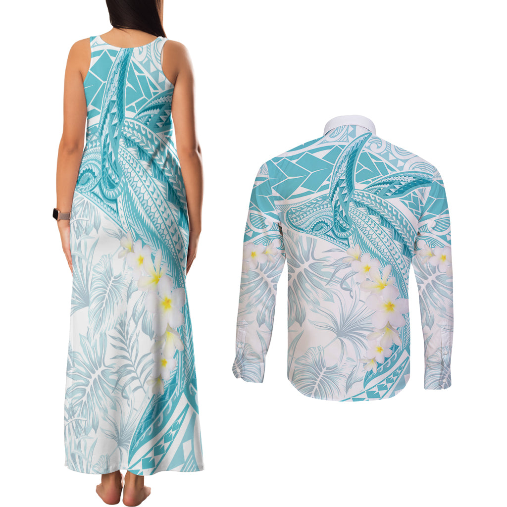 Polynesia Humpback Whale Couples Matching Tank Maxi Dress and Long Sleeve Button Shirt Tropical Plumeria Turquoise