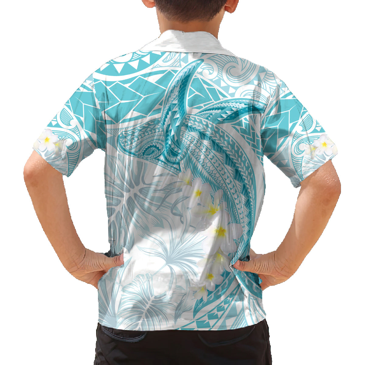 Polynesia Humpback Whale Family Matching Tank Maxi Dress and Hawaiian Shirt Tropical Plumeria Turquoise
