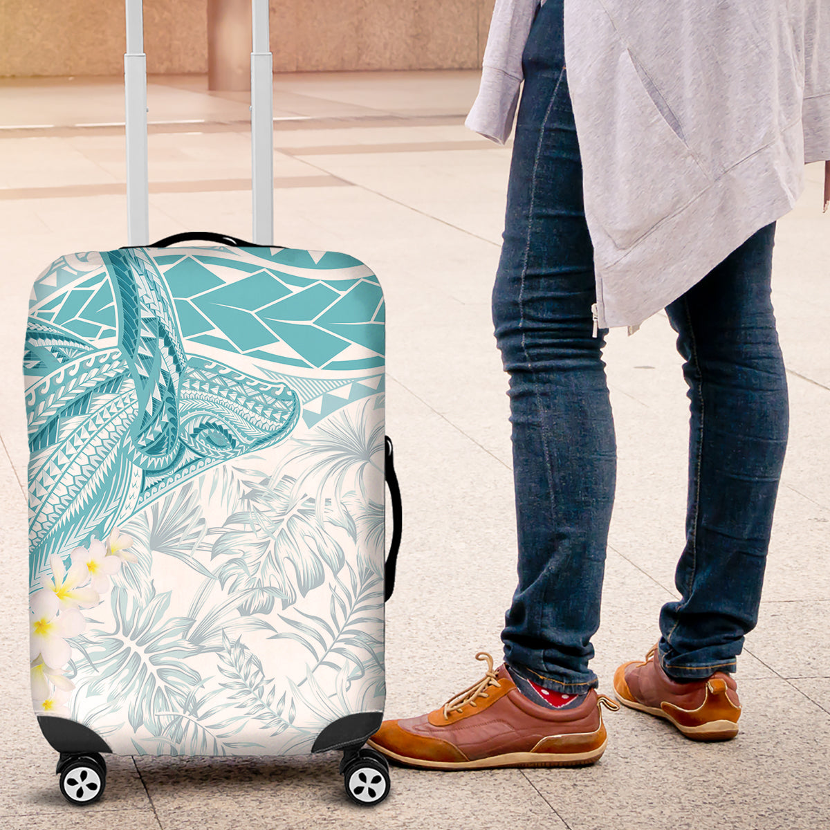 Polynesia Humpback Whale Luggage Cover Tropical Plumeria Turquoise