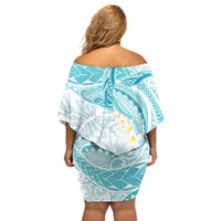 Polynesia Humpback Whale Off Shoulder Short Dress Tropical Plumeria Turquoise