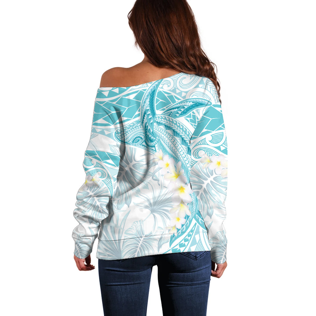 Polynesia Humpback Whale Off Shoulder Sweater Tropical Plumeria Turquoise
