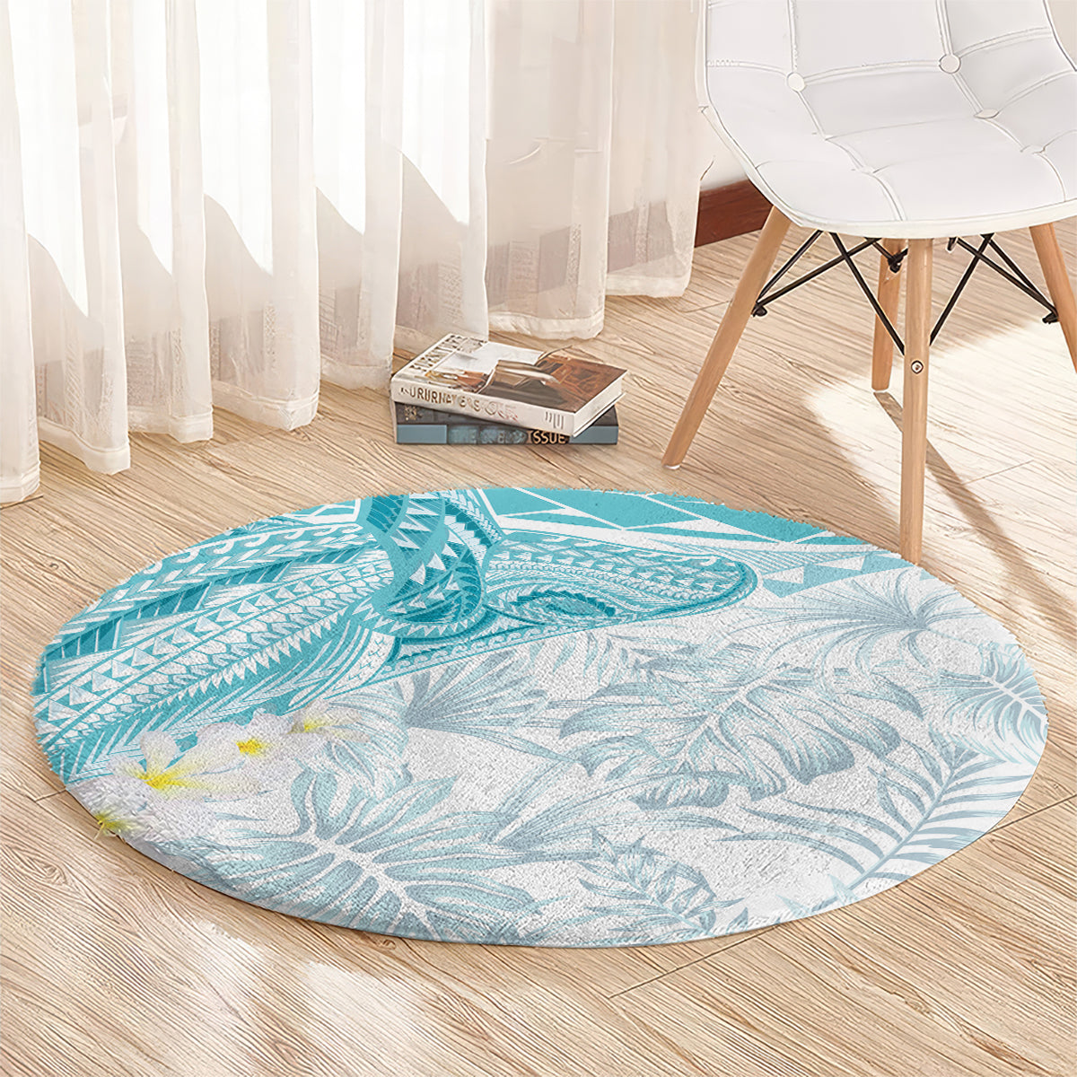 Polynesia Humpback Whale Round Carpet Tropical Plumeria Turquoise
