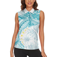 Polynesia Humpback Whale Women Sleeveless Polo Shirt Tropical Plumeria Turquoise